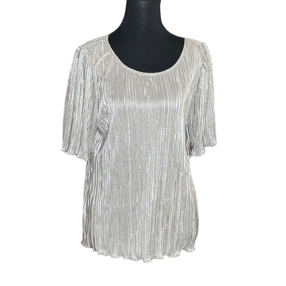 Ann Taylor Silver Metallic Pleated Puff Sleeve Blouse Top Large Office Glam